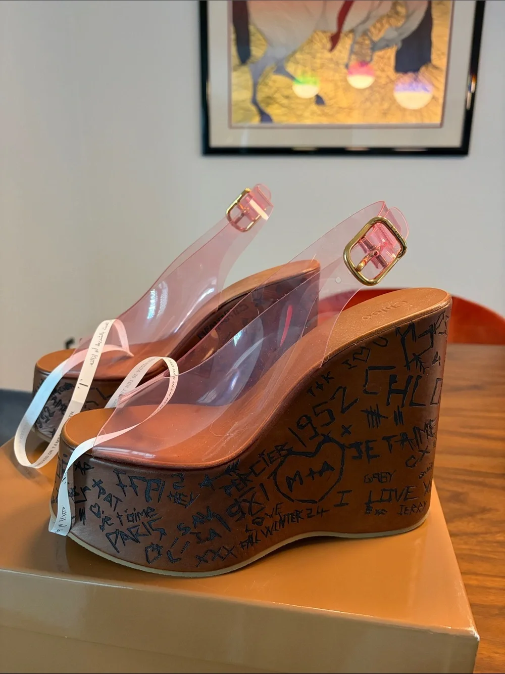 Chloe Transparent Pink Slingback Wedge Sandals with Graffiti-Print Platform